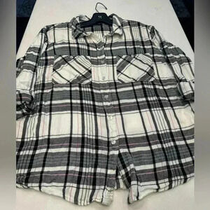 Sanctuary Sz M Tomboy Shirt Pink Black Plaid Roll Tab Sleeves Button Down Shirt